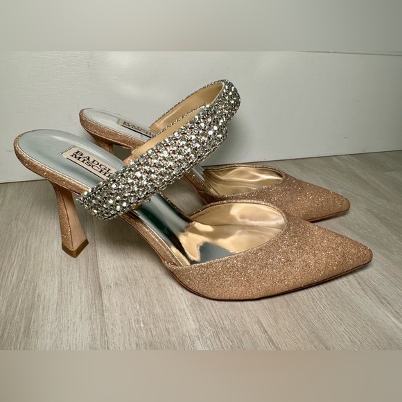 Badgley Mischka Jewel Gold Glitter Jan Strappy Pointed Toe Heels Mule 8 - Picture 10 of 16
